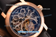 Audemars Piguet Jules Audemars Swiss Tourbillon Manual Winding Movement Rose Gold Case with Black Leather Strap and Skeleton Dial