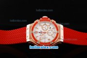 Hublot Big Bang Swiss Valjoux 7750 Chronograph Movement Rose Gold Case with White Dial-Red Diamond Bezel and Red Rubber Strap