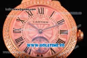 Cartier Ballon Bleu De Small Swiss Quartz Rose Gold Case with Diamonds Bezel Pink Dial and Pink Leather Strap - Black Markers