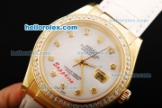 Rolex Datejust Oyster Perpetual Automatic Movement Gold Case with Diamond Markers/Bezel and white Leather Strap