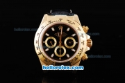 Rolex Daytona Oyster Perpetual Chronometer Automatic Gold Case with Black Dial and White Marking-Leather Strap