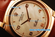 Rolex Cellini Swiss Quartz Rose Gold Case with White MOP Dial and Brown Leather Strap-Numeral Markers