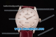 Omega De Ville Prestige Miyota Quartz Steel Case with White MOP Dial Diamonds Bezel and Wine Leather Strap