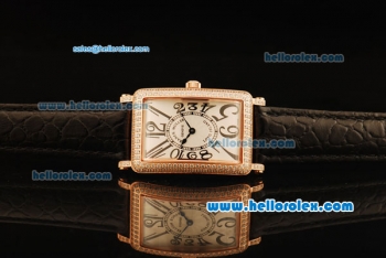 Franck Muller Long Island Swiss ETA Quartz Movement Diamond Bezel with White Dial and Black Leather Strap