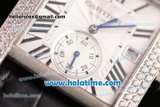 Cartier Tank MC Miyota 8245 Automatic Steel Case with Black Leather Strap White Dial and Diamond Bezel