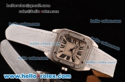 Cartier Santos 100 Medium Japanese Miyota OS2035 Quartz Steel Case with White Leather Strap Diamond Bezel and White Dial