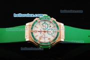 Hublot Big Bang Chronograph Swiss Valjoux 7750 Automatic Movement White Dial with Green Diamond Bezel and Rose Gold Stick Markers/ Arabic Numerals