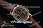 Cartier Ronde De MoonPhase Swiss Tourbillon Manual Winding Rose Gold Case with Skeleton Dial and Brown Leather Strap