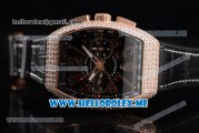 Franck Muller Vanguard Miyota OS20 Quartz Rose Gold Case with Black Dial Black Leather Strap and Diamonds Bezel