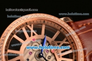 Cartier Rotonde De Swiss Quartz Rose Gold Case with Diamonds Bezel Skeleton Dial and Brown Leather Strap