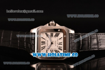 Cartier Santos 100 Large Asia Automatic Steel Case with Black Leather Strap Black Roman Numeral Markers and White Dial