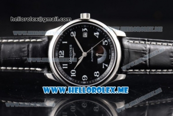 Longines Master Power Reserve Swiss ETA 2824 Automatic Steel Case with Black Dial and Black Leather Strap Arabic Numeral Markers