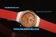 Hublot MDM Chronograph Swiss ETA Quartz Steel Case with Diamond Bezel and Pink MOP Dial-Red Rubber Strap