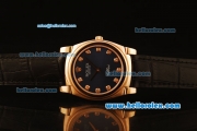 Rolex Cellini Swiss Quartz Rose Gold Case with Dark Blue Dial and Black Leather Strap-Diamond Markers