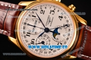 Longines Master Moonphase Chrono Swiss Valjoux 7751 Automatic Yellow Gold Case with White Dial and Arabic Numeral Markers - 1:1 Original