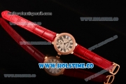 Cartier Ballon Bleu De Small Swiss Quartz Rose Gold Case with Diamonds Bezel White Dial and Red Leather Strap - Black Markers