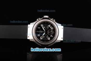 Hublot MDM Chronograph Miyota Quartz Movement Diamond Bezl-Black Dial with White Numeral Markers and Rubber Strap-Lady Size