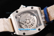 Richard Mille RM007 Automatic Movement Silver Case with Diamond Hour Marker and Blue Diamond Bezel-Blue Leather Strap