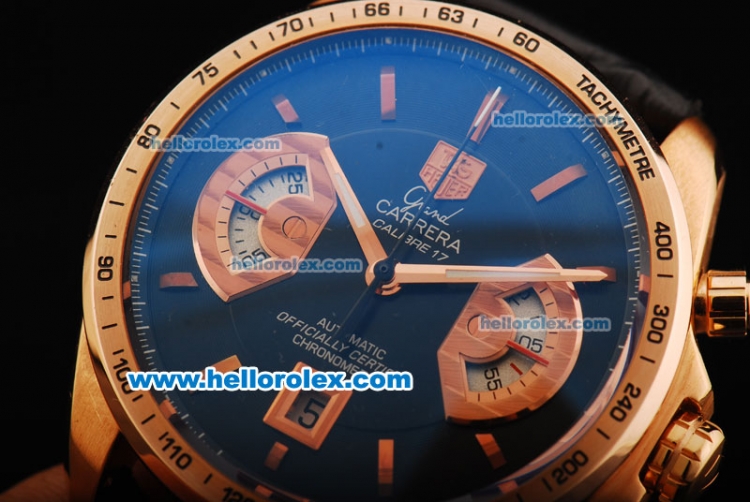 Tag Heuer Grand Carrera Calibre 17 Swiss Valjoux 7750 Automatic Movement Rose Gold Case with Black Dial and Rose Gold Stick Markers - Click Image to Close