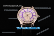 Jaeger-LeCoultre Lady Miyota Quartz Steel Case with White MOP Dial Purple Stick Markers and Black Leather Strap - Diamonds Bezel