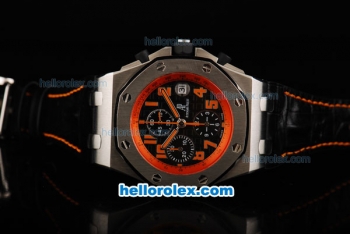 Audemars Piguet Royal Oak Chronograph Swiss Valjoux 7750 Automatic Movement Black Dial with Orange Number Markers and Black Leather Strap