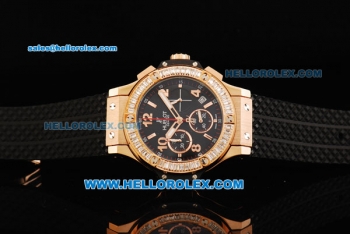 Hublot Big Bang Chronograph Swiss Quartz Movement Black Dial with Diamond Bezel and Black Rubber Strap-Lady Model