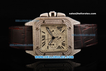 Cartier Santos 100 Chronograph Quartz Movement Diamond Case and Bezel with Black Roman Numerals and Brown Leather Strap