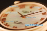 Rolex Cellini Swiss Quartz Rose Gold Case with White MOP Dial and Brown Leather Strap-Roman Markers