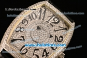 Franck Muller Cintree Curvex Ronda 762 Quartz Steel/Diamond Case with Diamond Dial and Black Leather Strap