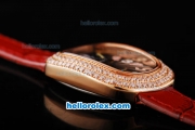 Franck Muller Galet Quartz Movement RG Case with Black Dial and Diamond Bezel-Red Leather Strap