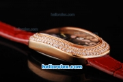 Franck Muller Galet Quartz Movement RG Case with Black Dial and Diamond Bezel-Red Leather Strap