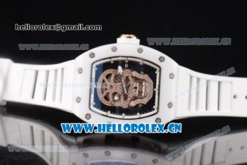 Richard Mille RM052 Miyota 9015 Automatic Rose Gold Case with White Rubber Strap and Skull Dial Dot Markers