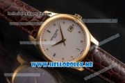 Patek Philippe Calatrava Miyota Quartz Yellow Gold Case with White Dial and Brown Leather Strap Diamonds Markers