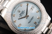 Rolex Day Date II Automatic Movement Full Steel with Double Row Diamond Bezel with Diamond Markers and Light Blue Dial