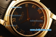 Rolex Cellini Swiss Quartz Yellow Gold Case with Dark Blue Dial and Black Leather Strap-Roman Markers