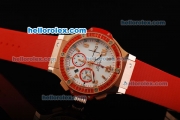 Hublot Big Bang Chronograph Swiss Valjoux 7750 Automatic Movement White Dial with Red Diamond Bezel and Red Rubber Strap