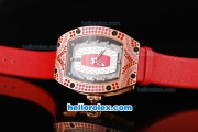 Richard Mille RM007 Automatic Movement Rose Gold Case with Diamond Hour Marker and Diamond Bezel-Red Leather Strap
