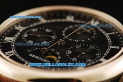Breguet Moon Phase Lemania Manual Winding Working Chronograph Steel Case with Black Dial and Leather Strap
