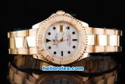 Rolex Yachtmaster Oyster Perpetual chronometer Automatic with White Shell Dial and Full Gold case , Bezel and strap-Round Bearl Marking-Small Calendar