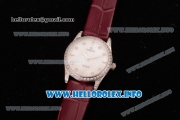 Omega De Ville Prestige Miyota Quartz Steel Case with White MOP Dial Diamonds Bezel and Wine Leather Strap