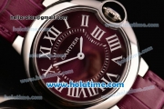 Cartier Ballon Bleu Swiss Quartz Steel Case with Burgundy Leather Strap White Markers and Burgundy Dial