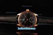 IWC Portuguese Asia 6497 Manual Winding Movement Rose Gold Case with Black Dial and Rose Gold Arabic Numerals-Black Leather Strap