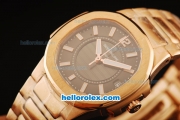 Patek Philippe Nautilus Swiss Quartz Movement Rose Gold Case and Strap with Black Dial and White Markers