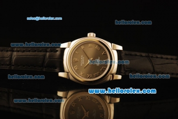 Rolex Cellini Swiss Quartz Steel Case with Black Silver Dial and Black Leather Strap-Lady Size