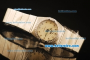 Omega Constellation Swiss Quartz Steel Case with Diamond Bezel and White Stripe Dial-Diamond Markers