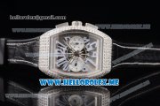 Franck Muller Vanguard Miyota OS20 Quartz Steel Case with Champagne Dial Black Leather Strap and White Subdials Diamonds Bezel
