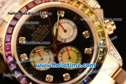 Rolex Daytona Rainbow Asia 3836 Automatic Yellow Gold Case/Strap with Colorful Diamond Bezel and Black Dial (BP)