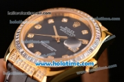 Rolex Datejust Asia Automatic Yellow Gold/Diamond Case with Black Leather Strap Diamond Bezel and Black Dial