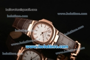 Patek Philippe Nautilus Swiss ETA 2824 Automatic Rose Gold Case with Brown Leather Bracelet White Dial and Stick Markers - ZF