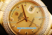 Rolex Day Date II Automatic Movement Full Gold with Double Row Diamond Bezel - Diamond Markers and Gold Dial